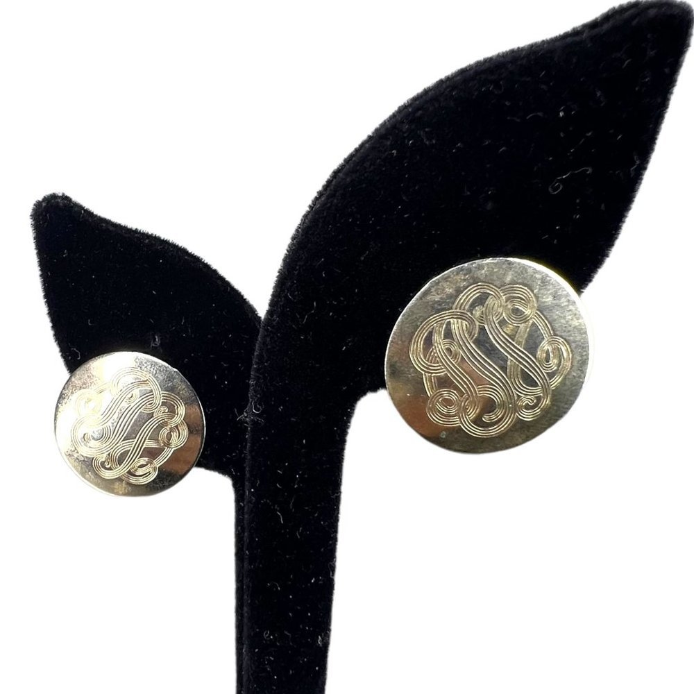 Vintage 50s Round Metal Swirl Knot Pattern Clip On Earrings